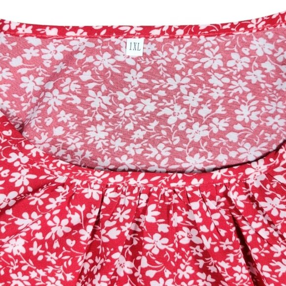 Womens Vibrant Red Floral Print Blouse Plus 1X 2X Short Sleeve Gathered Neckline - Picture 8 of 11